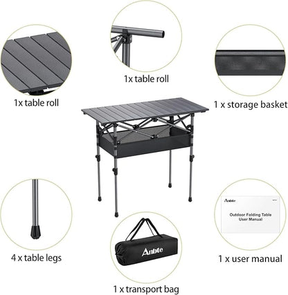 Anbte 3ft Aluminum Roll Top Camping Table, 2 Adjustable Height Camping Table Folding with Storage Net & Bag Lightweight Roll Up Table for Indoor Outdoor Backyard BBQ Patio Picnic, 32.2” X 16”, Black