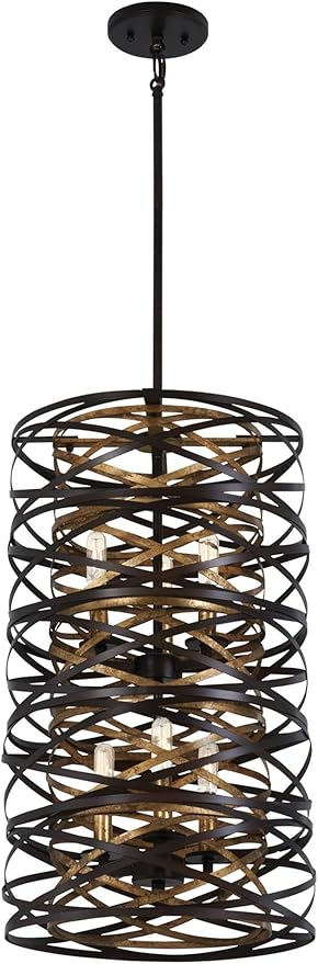 Minka Lavery 4672-111 Vortic Flow Pendant, 6-Light, 360 Total Watts, 14-in H x 24-in W, Dark Bronze with Mosaic Gold Interior