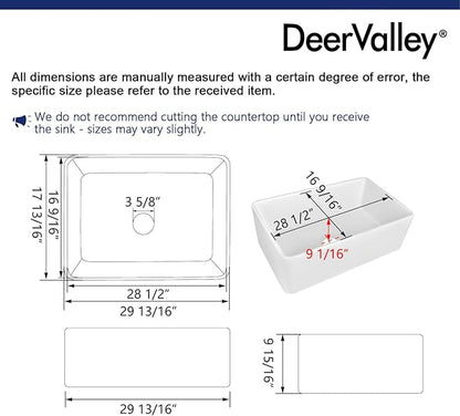 DeerValley Farmhouse Kitchen Sink 30 Inch, Fireclay White Apron Front Farm Sink, Single Bowl Deep Drop-in Undermount Reversible Sink with Grid & Strainer