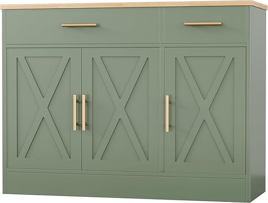 Shintenchi Modern Farmhouse Sideboard Buffet Cabinet with Storage with 3 Doors,42" Barn Doors Buffet Cabinet with Storage, Wood Coffee Bar Cabinets with Adjustable Shelf for Kitchen Living Room,Green