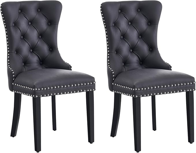 Eifizek Leather Dining Chair Set of 2, Dining Room Chairs with Nailhead Ring Pull Trim, Upholstered Dining Chairs with Solid Wood Legs for Kitchen Dining Room (Black)