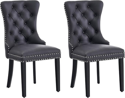Eifizek Leather Dining Chair Set of 2, Dining Room Chairs with Nailhead Ring Pull Trim, Upholstered Dining Chairs with Solid Wood Legs for Kitchen Dining Room (Black)