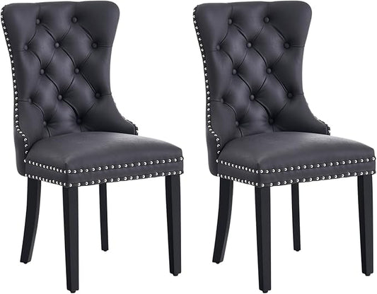 Eifizek Leather Dining Chair Set of 2, Dining Room Chairs with Nailhead Ring Pull Trim, Upholstered Dining Chairs with Solid Wood Legs for Kitchen Dining Room (Black)