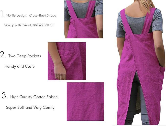 Larmliss Women's Pinafore Square Apron Baking Cooking Gardening Works Cross Back Cotton/Linen Blend Dress with 2 Pockets