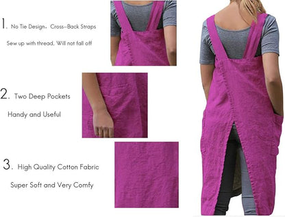 Larmliss Women's Pinafore Square Apron Baking Cooking Gardening Works Cross Back Cotton/Linen Blend Dress with 2 Pockets