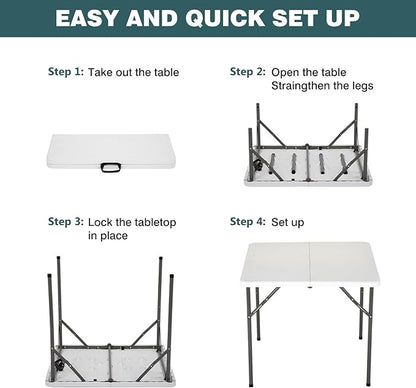 FDW 34" Square Outdoor Dining Table, Foldable Portable Plastic Folding Card Table with Built in Carrying Handle and Height Adjustable for Party and Wedding Use, White