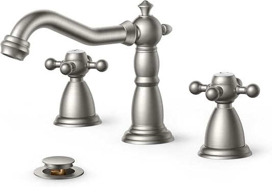 FORIOUS Brushed Nickel 3 Hole Bathroom Sink Faucets 2 Cross Handles, 8 Inch Widespread Antique Brass Viantage Bathroom Faucet for RV Vanity Farmhouse with Metal Pop Up Drain and Supply Lines