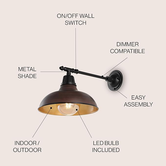 JONATHAN Y 12.25" 1-Light Wood Finish/Copper Industrial Farmhouse Outdoor Sconce, Iron Wall Light with LED Bulb, Metal Bowl Shade, Vintage Porch Lamp for Entryway Patio Kitchen (JYL7615G)