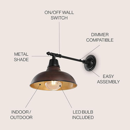JONATHAN Y 12.25" 1-Light Wood Finish/Copper Industrial Farmhouse Outdoor Sconce, Iron Wall Light with LED Bulb, Metal Bowl Shade, Vintage Porch Lamp for Entryway Patio Kitchen (JYL7615G)