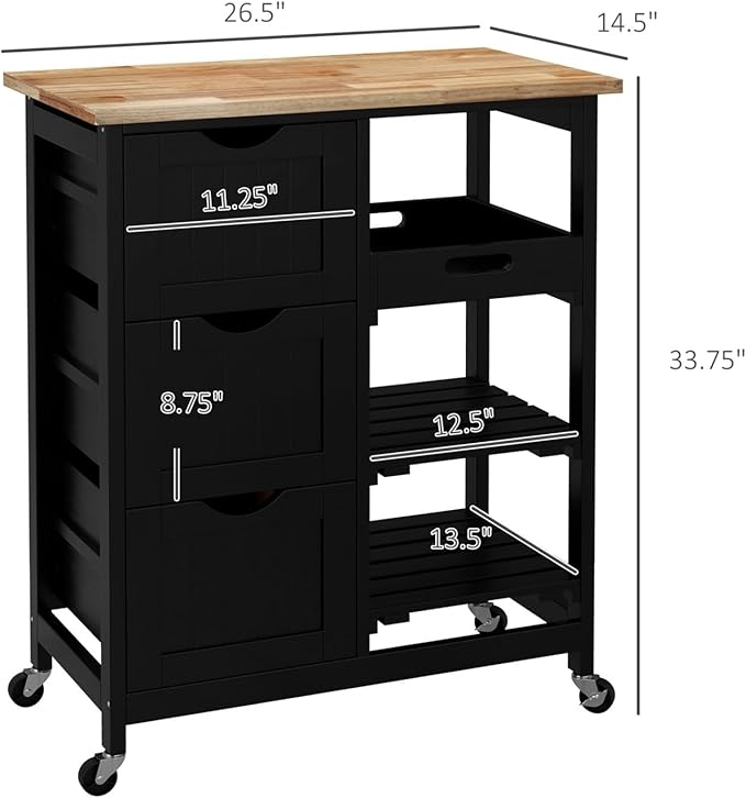 Rolling Kitchen Island Cart, Compact Trolley On Wheels with Top, Shelves & Drawers for Home Dining Area, Black,Multi-Purpose