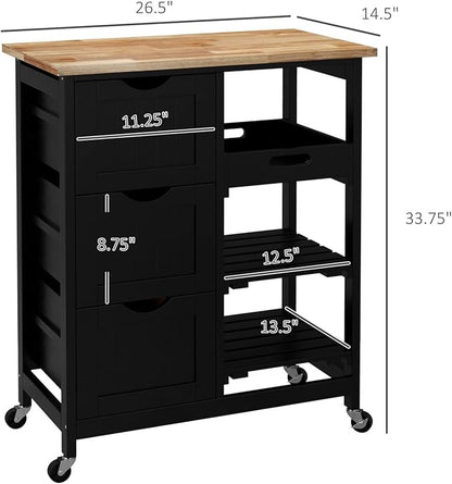 Rolling Kitchen Island Cart, Compact Trolley On Wheels with Top, Shelves & Drawers for Home Dining Area, Black,Multi-Purpose