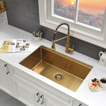 27 Inch Gold Undermount Kitchen Sink Workstation-VASOYO 27x19 Undermount Sinks 16 Gauge Stainless Steel Brushed Gold Single Bowl Deep Kitchen Sink with Cutting Board