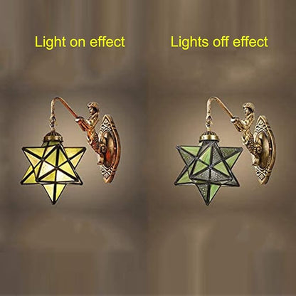 Moravian Star Wall Light with Tiffany Stained Glass Cover, Vintage Rustic Industrial Wall Sconce Retro Wall Mount Lamps Fixture 1-Light,Green