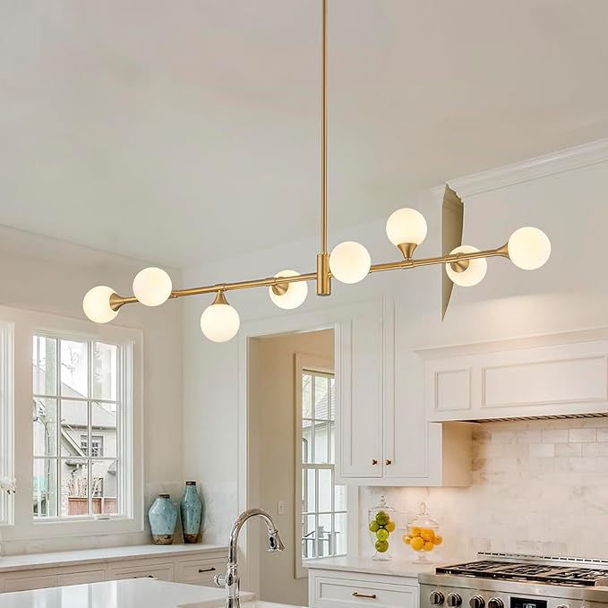 EDISLIVE Large Milk Globe Chandelier 8-Light Glass Globe Pendant Light Fixture 51.2in G9 Linear Hanging Lighting for Dinning Room Kitchen Island Living Room Gold