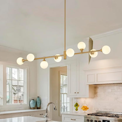 EDISLIVE Large Milk Globe Chandelier 8-Light Glass Globe Pendant Light Fixture 51.2in G9 Linear Hanging Lighting for Dinning Room Kitchen Island Living Room Gold