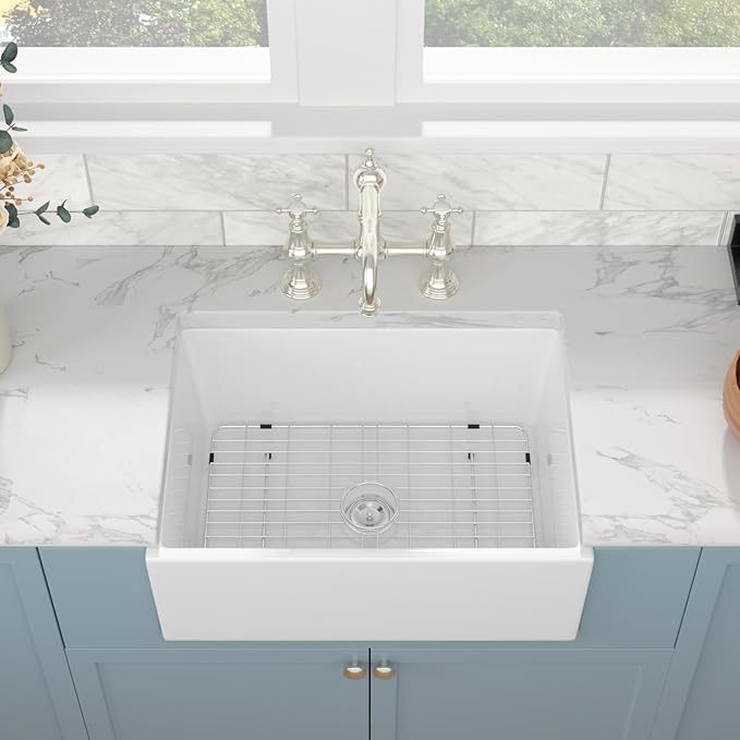 Sarlai 28 White Farmhouse Sink - 28x20 Inch Kitchen Sink Apron Front Ceramic Porcelain Vitreous Fireclay Single Bowl Farmer Sinks Basin