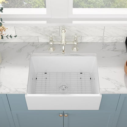Sarlai 28 White Farmhouse Sink - 28x20 Inch Kitchen Sink Apron Front Ceramic Porcelain Vitreous Fireclay Single Bowl Farmer Sinks Basin