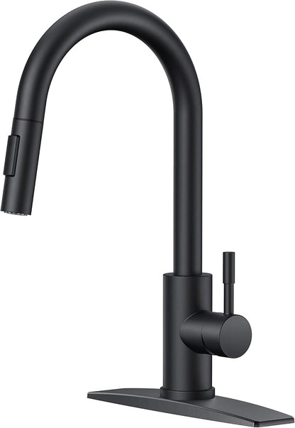 FORIOUS Black Kitchen Faucet with Pull Down Sprayer, High Arc Modern Classic Sink Faucet Stainless Steel with Deck Plate Fit for 1 or 3 Hole for Pot Filler Bar Farmhouse Laundry Rv