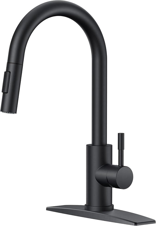 FORIOUS Black Kitchen Faucet with Pull Down Sprayer, High Arc Modern Classic Sink Faucet Stainless Steel with Deck Plate Fit for 1 or 3 Hole for Pot Filler Bar Farmhouse Laundry Rv