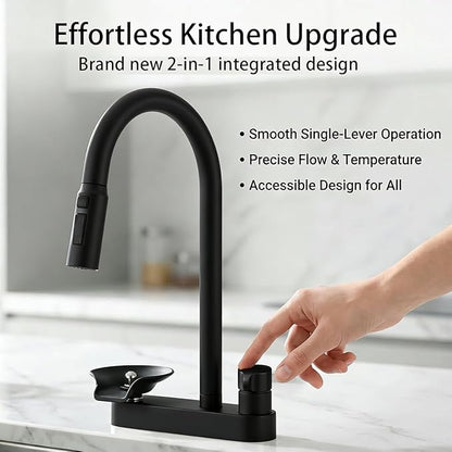 2-in-1 Kitchen Faucet with Pull Down Sprayer, 3 Spray Modes & Built-in Glass Rinser, Lead-Free Brass Single Handle, Matte Black, Fits 1 or 3 Hole Sink, Suitable for Farmhouse Rv Bar