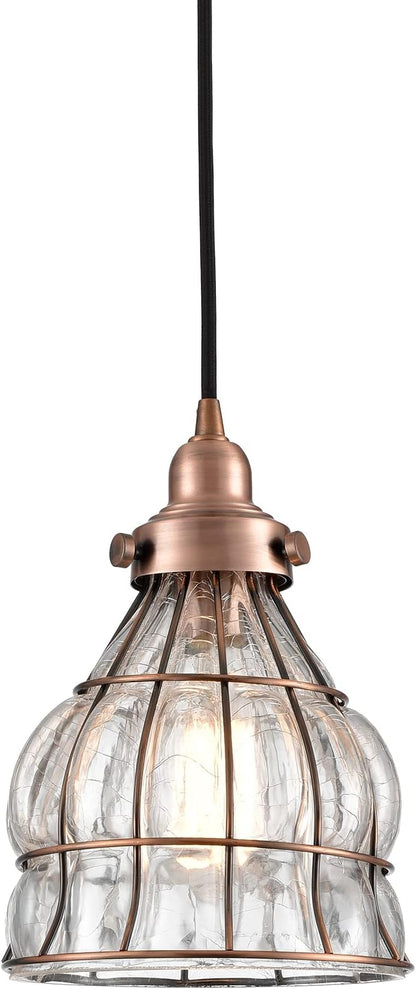 YUBOLE Vintage Cracked Glass Wire Cage Hanging Pendant Light, Red Antique Copper