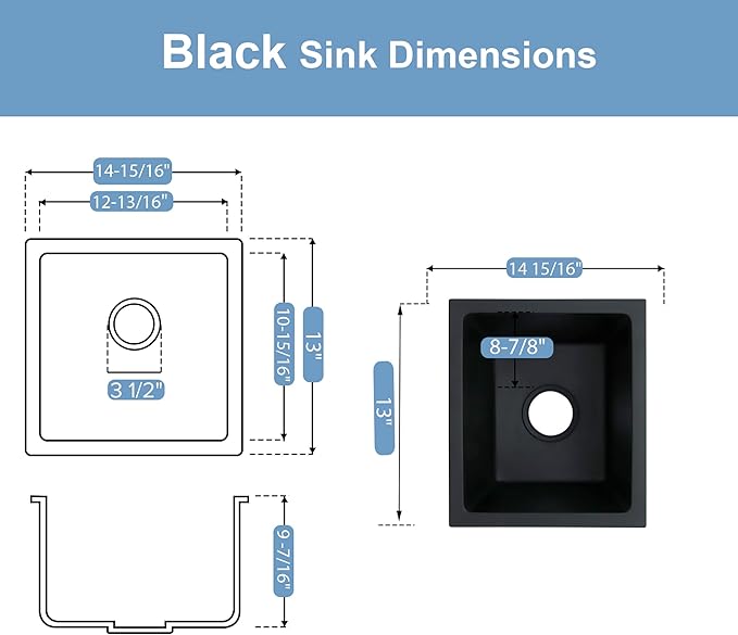 Black Bar Sink 13 x 15 Inch, Matte Black Granite Composite Undermount Kitchen Sinks, 13'' x 15'' Quartz Stone Small Kitchen Sinks With Sink Drain Assembly and Sink Bottom Grid