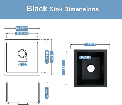 Black Bar Sink 13 x 15 Inch, Matte Black Granite Composite Undermount Kitchen Sinks, 13'' x 15'' Quartz Stone Small Kitchen Sinks With Sink Drain Assembly and Sink Bottom Grid