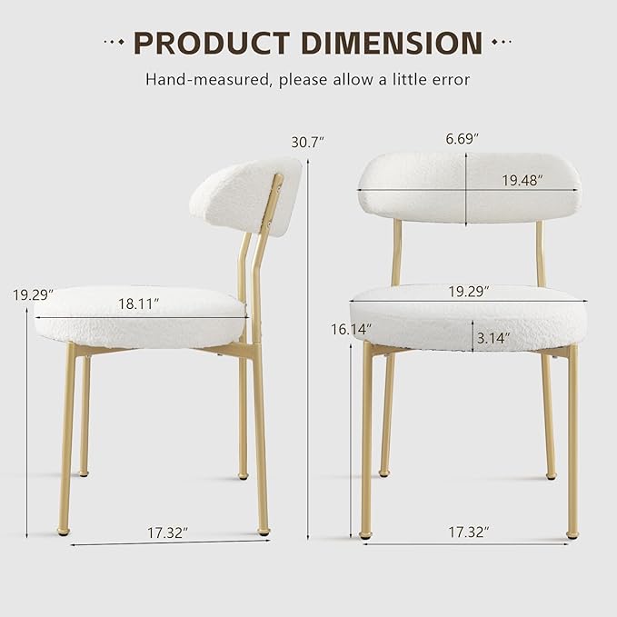White Boucle Dining Chair Set of 2, Modern Oval Upholstered Dining Chairs with Curved Back and Metal Leg for Dining Room,Restaurant,Kitchen Island(Gold Leg)