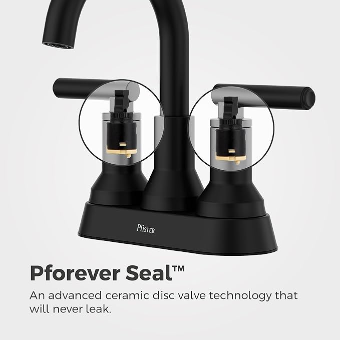 Pfister Capistrano 4 in Centerset 3-Hole Matte Black Bathroom Sink Faucet with 2-Handle Push & Seal Drain Technology, NSF Certified WaterSense Vanity Faucet LF048CSOSDB