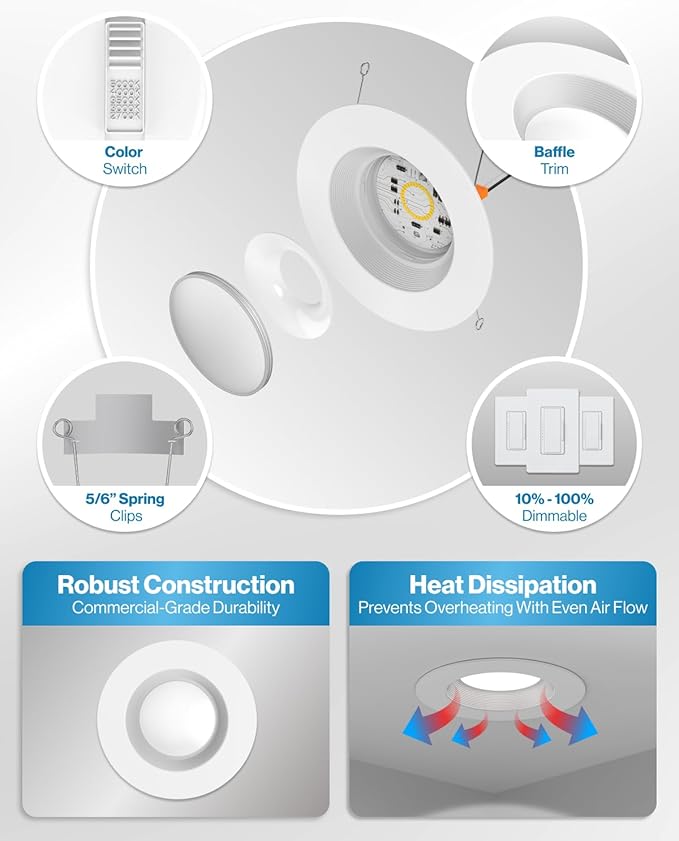 Sunco 16 Pack 6 Inch LED Recessed Light, Retrofit Downlight Can Lights for Ceiling, Baffle Trim, 1050 LM, 13W (75W Equivalent), Selectable CCT 2700K/3000K/3500K/4000K/5000K, Dimmable, Damp Rated UL.