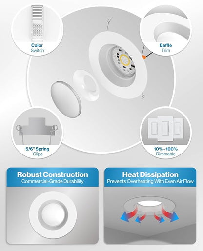 Sunco 16 Pack 6 Inch LED Recessed Light, Retrofit Downlight Can Lights for Ceiling, Baffle Trim, 1050 LM, 13W (75W Equivalent), Selectable CCT 2700K/3000K/3500K/4000K/5000K, Dimmable, Damp Rated UL.