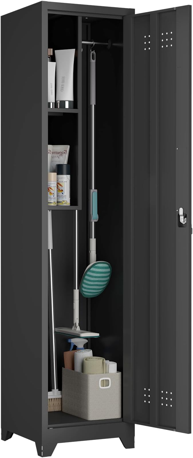 Slim Cabinet for Small Spaces, Metal Bathroom Storage Cabinet with Shelves, Hooks, Narrow Locking Cabinets with 2 Keys, 65” H Tall Storage for Home Office, Living Room, Dining Room, Black