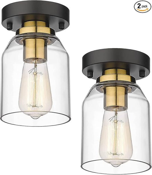zeyu 2 Pack Farmhouse Ceiling Lights, Small Semi Flush Mount Light Fixtures with Clear Glass Shade for Kitchen Hallway Laundry Room, Black and Gold Finish, ZG33F-2 BK+BG