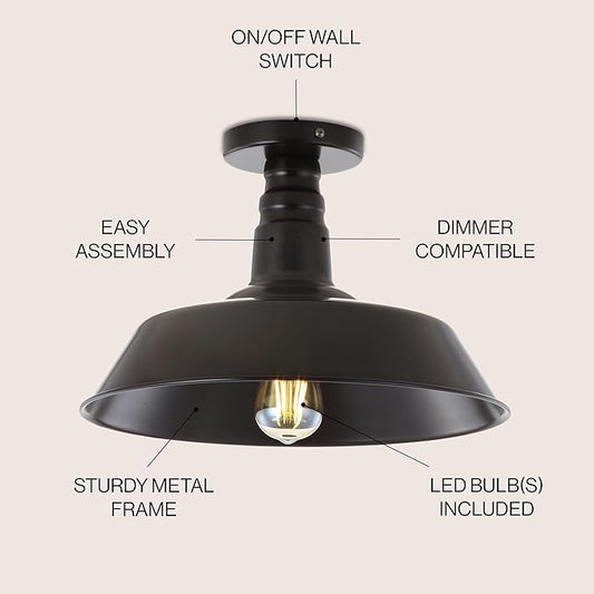 JONATHAN Y 14" Oil Rubbed Bronze Industrial LED Semi Flush Mount Ceiling Light for Porch, Kitchen, Entryway, Modern Farmhouse Iron Fixture, White Metal Shade, LED Bulb Included (JYL9516A)