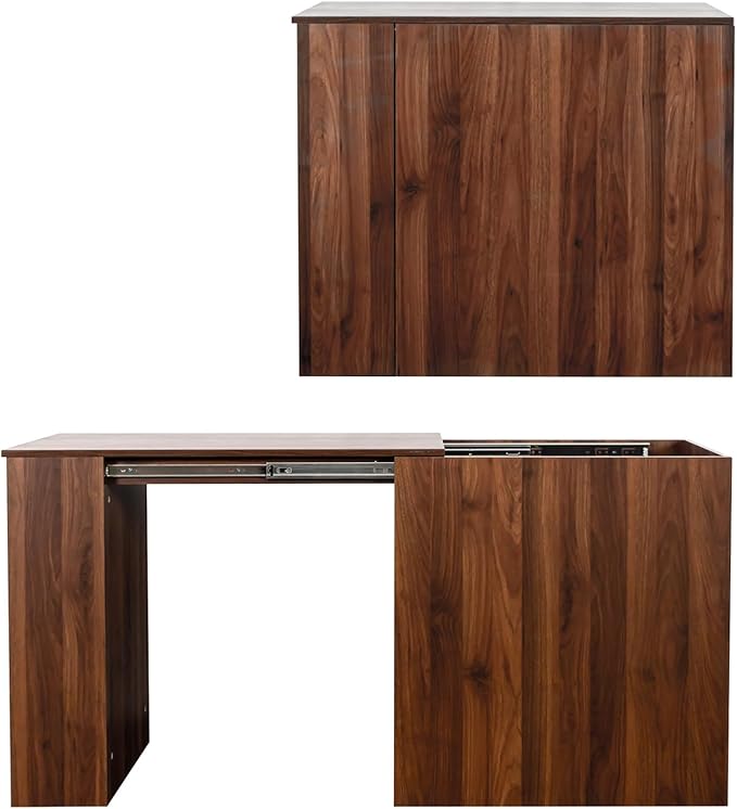 JOYSOURCE Counter Height Bar Table for 2, Extendable Kitchen Island with Drawers & Shelves for Kitchen, Living Room, Walnut