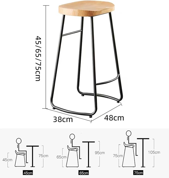 Rustic Backless Solid Wood Stools Set of 2, 45/65/75cm Counter Height stools with Metal Leg and Footrest, Chairs for Kitchen Island Dining Room,Black Legs-45cm
