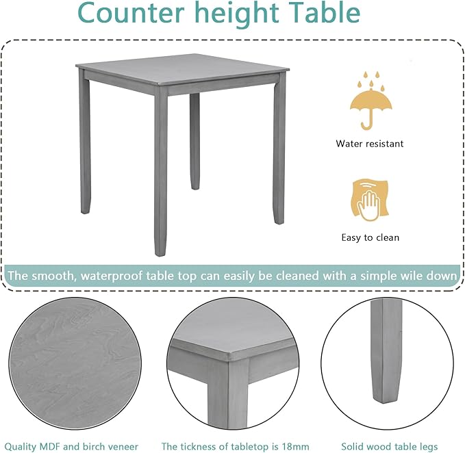 5 Piece Counter Height Dining Table Set for 4, Solid Wood Square Kitchen Table and 4 Upholstered Chairs, Modern Dining Room Table and Chairs Set for Kitchen and Dining Room, Gray