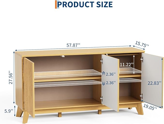 GarveeHome 58" Modern Farmhouse Sideboard Buffet Cabinet with Adjustable Shelves Storage & 4 Doors, Wood Buffet Console Table, Curved Design, Cupboard Coffee Bar Cabinet for Dining Room, Living Room