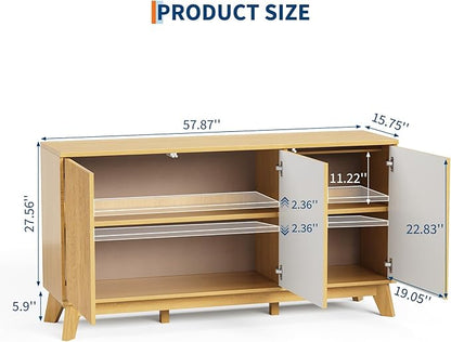 GarveeHome 58" Modern Farmhouse Sideboard Buffet Cabinet with Adjustable Shelves Storage & 4 Doors, Wood Buffet Console Table, Curved Design, Cupboard Coffee Bar Cabinet for Dining Room, Living Room