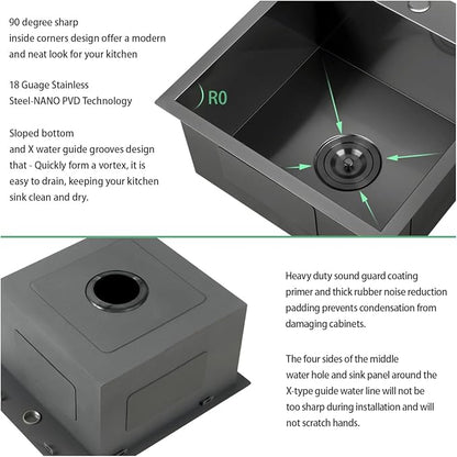 FRANIC 18" Handmade Black Bar Workstation Sink, 18" x 18" x 9" Stainless Steel Matte Nano Black Topmount Single Bowl Small Kitchen Outdoor Sink