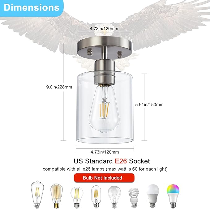YYT Brushed Nickel Semi Flush Mount Ceiling Light, Small Hallway Light Fixture Ceiling, 1-Light Over Sink Lighting Fixtures Kitchen, Cieling Lights with Clear Glass Shade for Entryway Bedroom 1 Pack