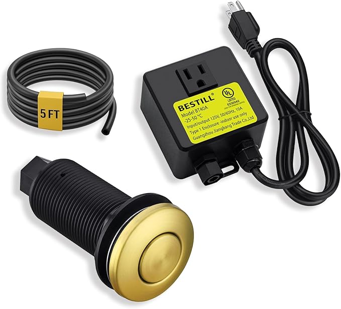 BESTILL Garbage Disposal Air Switch Kit, Brushed Brass Finish, Compatible with Kohler Vibrant Brushed Moderne Brass Faucets, Sink Top On/Off Long Push Button for Waste Disposer, UL Listed