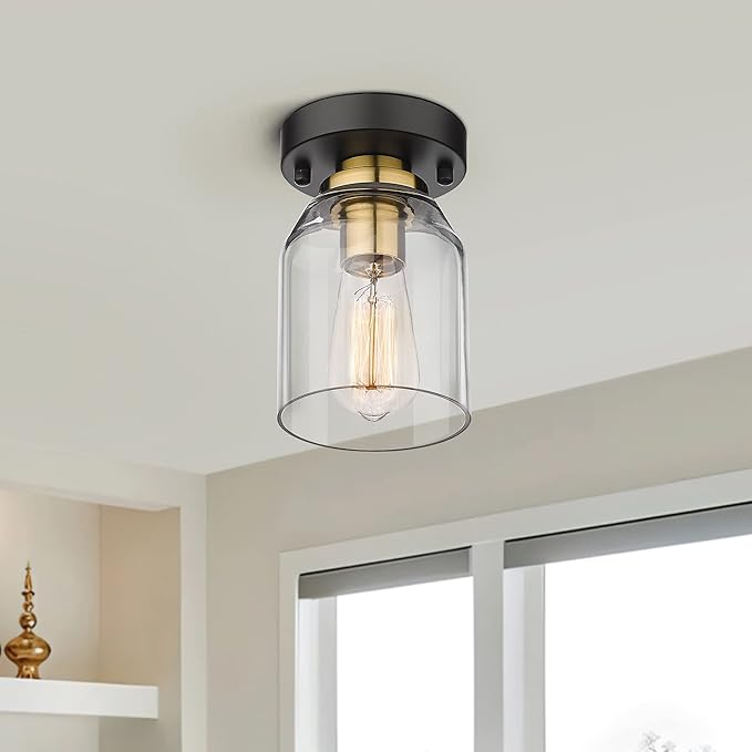 zeyu 2 Pack Farmhouse Ceiling Lights, Small Semi Flush Mount Light Fixtures with Clear Glass Shade for Kitchen Hallway Laundry Room, Black and Gold Finish, ZG33F-2 BK+BG