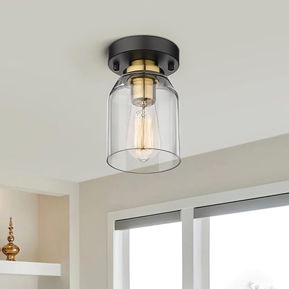zeyu 2 Pack Farmhouse Ceiling Lights, Small Semi Flush Mount Light Fixtures with Clear Glass Shade for Kitchen Hallway Laundry Room, Black and Gold Finish, ZG33F-2 BK+BG