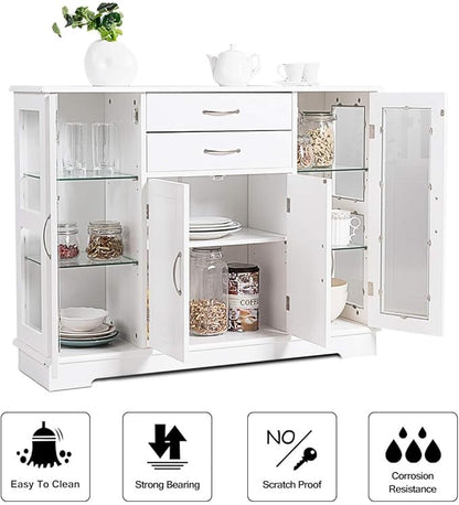 Giantex Sideboard Buffet Server Storage Cabinet W/ 2 Drawers, 3 Cabinets and Glass Doors for Kitchen Dining Room Furniture Cupboard Console Table (White)