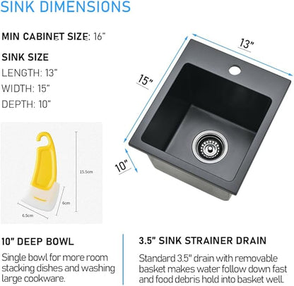 Drop in Black Bar Sink, 13x15 Inch Matte Black Granite Composite Quartz Small Kitchen Prep Sink RV Wet Bar Topmount Single Bowl with Small Rubber Squeegee