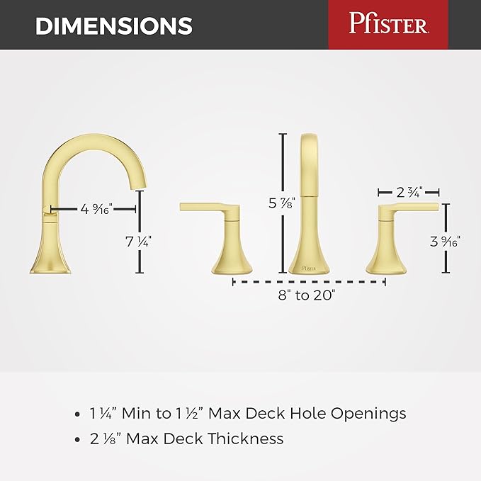 Pfister Vaneri 8 in Widespread Bathroom Sink Faucet 3 Hole 2 Handle Brushed Gold Vanity Faucet with Push & Seal Drain NSF Certified Water Efficient TiteSeal LF049VRIBG