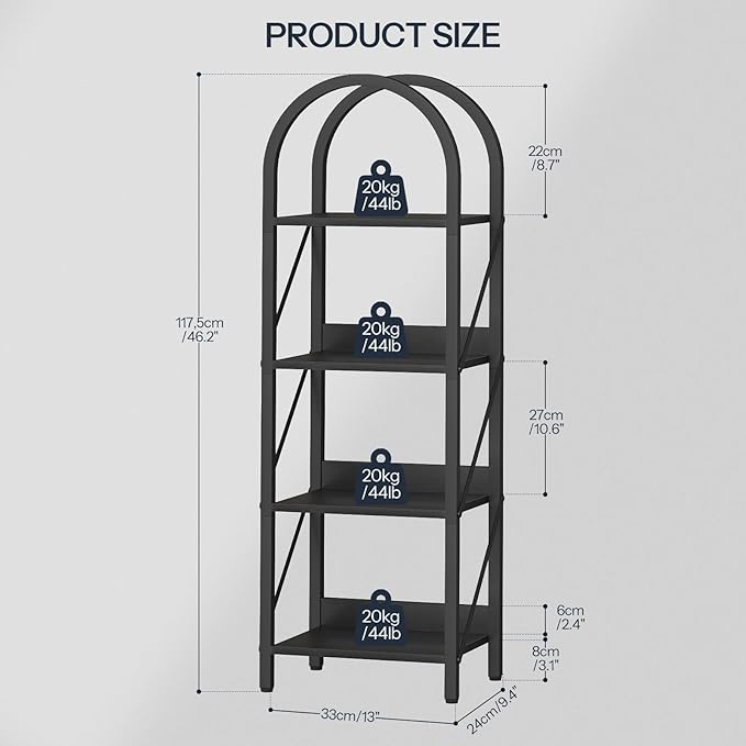 HOOBRO Bookshelf, 4-Tier Bookshelf Arched Display Racks, Industrial Bookcase with Metal Frame, Book Shelf Storage Organizer for Living Room, Office, Bedroom, Black BB424SJ01