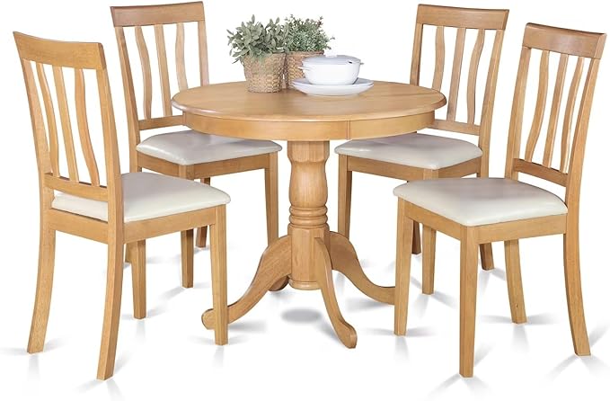 East West Furniture ANTI5-OAK-LC 5 Piece Dining Room Furniture Set Includes a Round Kitchen Table with Pedestal and 4 Faux Leather Upholstered Dining Chairs, 36x36 Inch, Oak