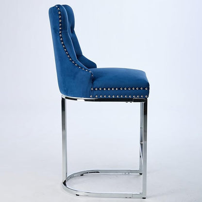 25" Counter Height Bar Stools Set of 2, Modern Velvet with Button Back Rivet Trim Upholstered Kitchen Island Chairs with Sturdy Chromed Metal Base Legs Farmhouse Bar Stools, (Blue,2 Pack)